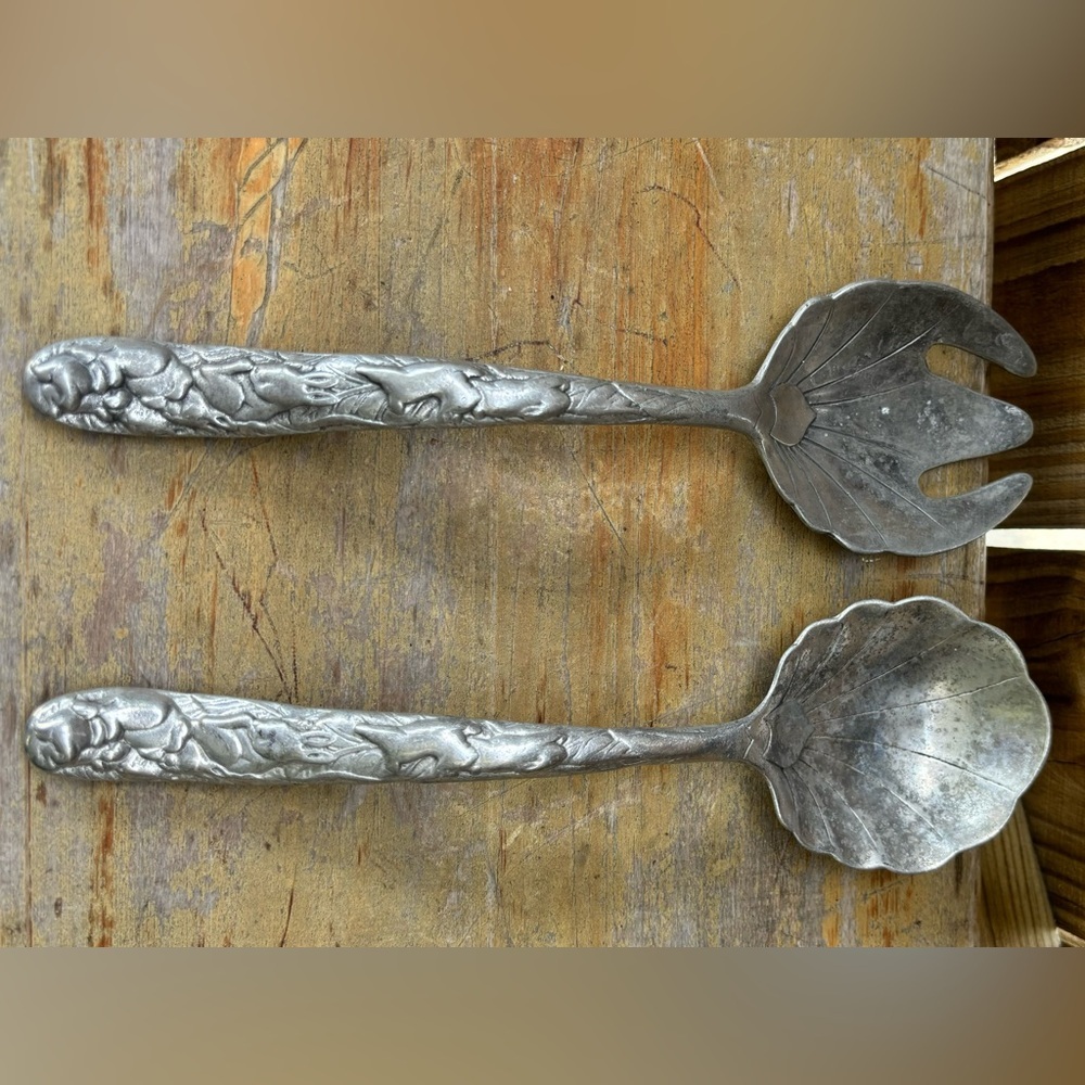 2 Piece Solid Salad Set Arthur Court Brer Rabbit Bunnies Aluminum Hollowware